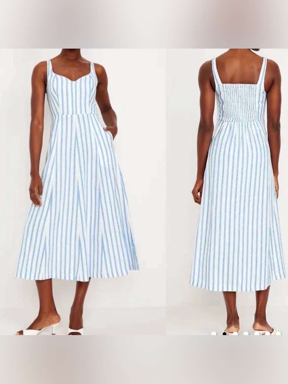 NWT Old Navy 2X Fit Flare Sleeveless Midi Dress Blue White Stripe Linen Blend